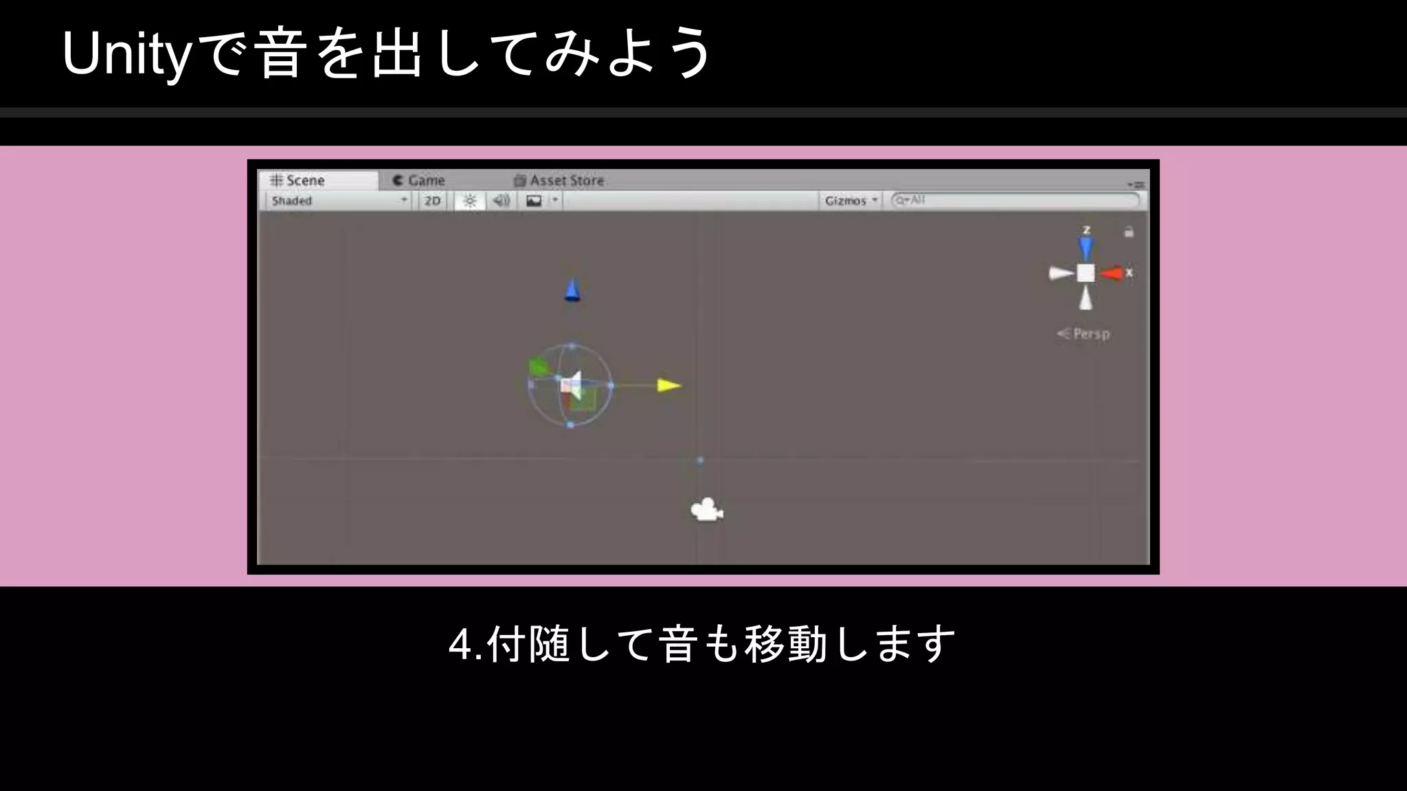 COPYRIGHT 2016 @ UNITY TECHNOLOGIES
JAPAN
Unityで音を出してみよう
4.付随して音も移動します
 