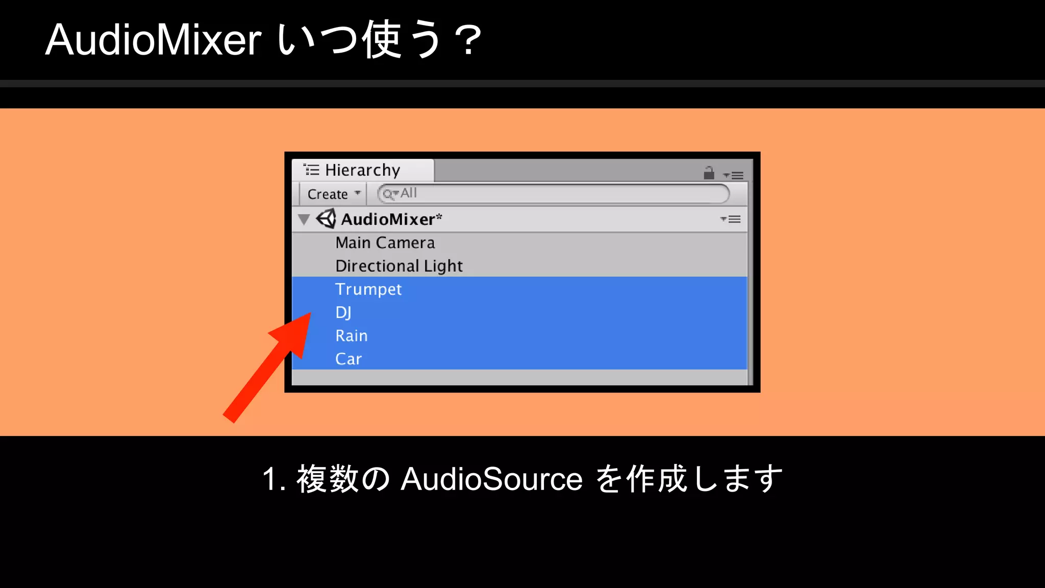 COPYRIGHT 2016 @ UNITY TECHNOLOGIES
JAPAN
1. 複数の AudioSource を作成します
AudioMixer いつ使う？
 