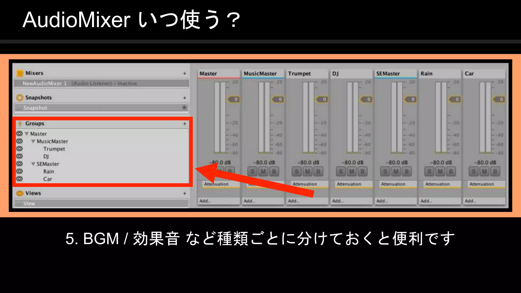 COPYRIGHT 2016 @ UNITY TECHNOLOGIES
JAPAN
5. BGM / 効果音 など種類ごとに分けておくと便利です
AudioMixer いつ使う？
 