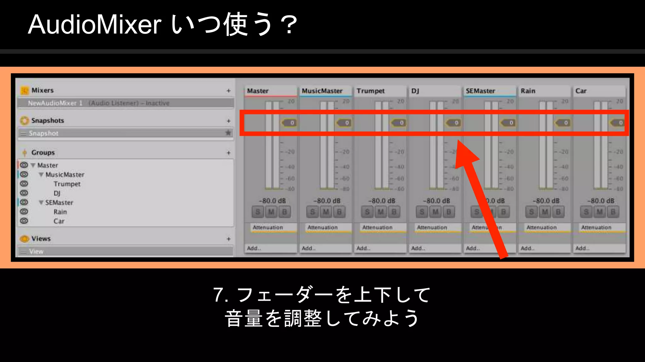 COPYRIGHT 2016 @ UNITY TECHNOLOGIES
JAPAN
7. フェーダーを上下して
音量を調整してみよう
AudioMixer いつ使う？
 