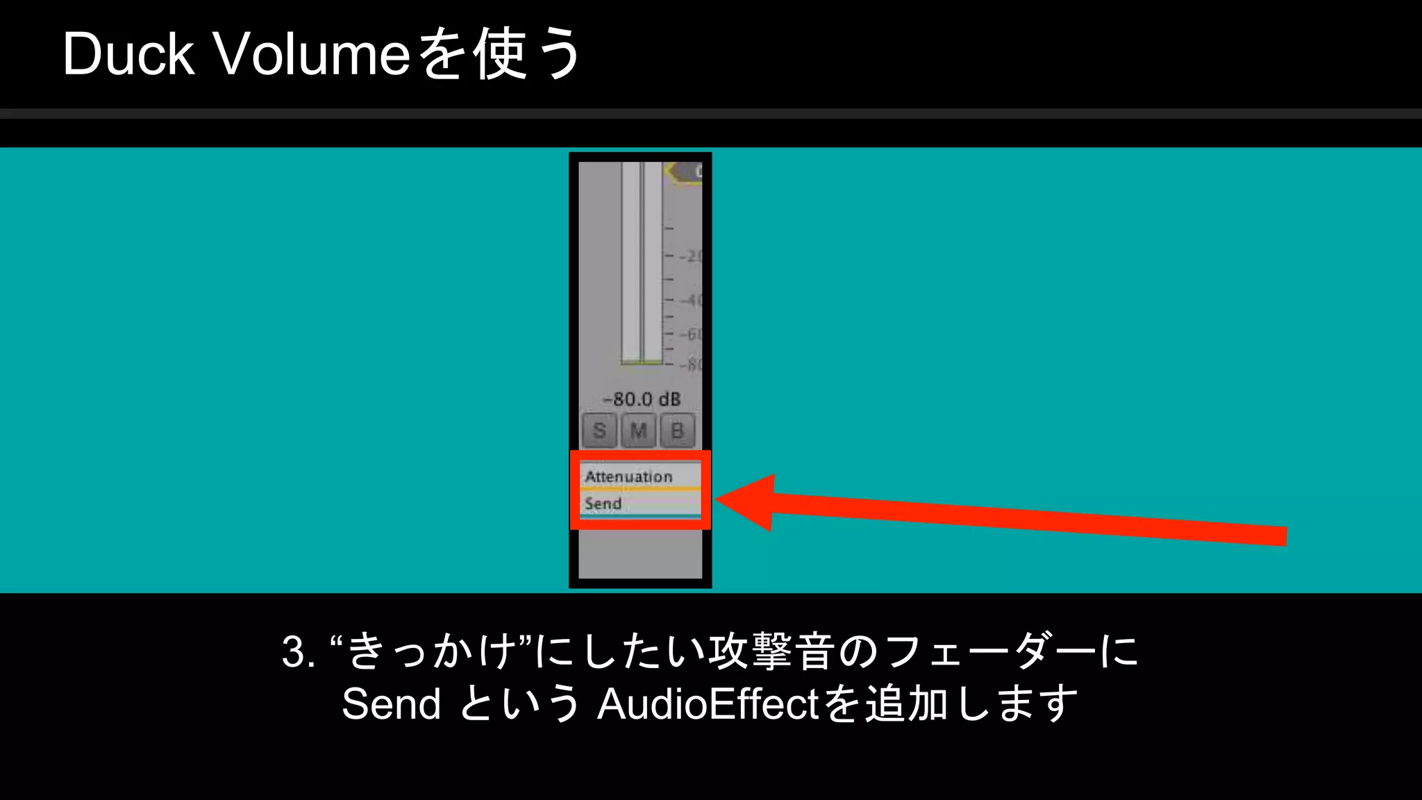 COPYRIGHT 2016 @ UNITY TECHNOLOGIES
JAPAN
Duck Volumeを使う
3. “きっかけ”にしたい攻撃音のフェーダーに
Send という AudioEffectを追加します
 