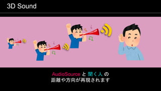 COPYRIGHT 2016 @ UNITY TECHNOLOGIES
JAPAN
3D Sound
AudioSource と 聞く人 の
距離や方向が再現されます
 