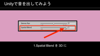 COPYRIGHT 2016 @ UNITY TECHNOLOGIES
JAPAN
Unityで音を出してみよう
1.Spatial Blend を 3D に
 
