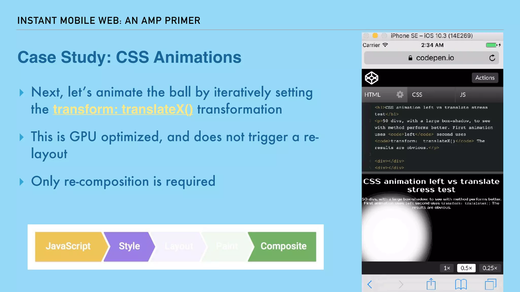 INSTANT MOBILE WEB: AN AMP PRIMER
Case Study: CSS Animations
▸ Next, let’s animate the ball by iteratively setting
the transform: translateX() transformation
▸ This is GPU optimized, and does not trigger a re-
layout
▸ Only re-composition is required
 