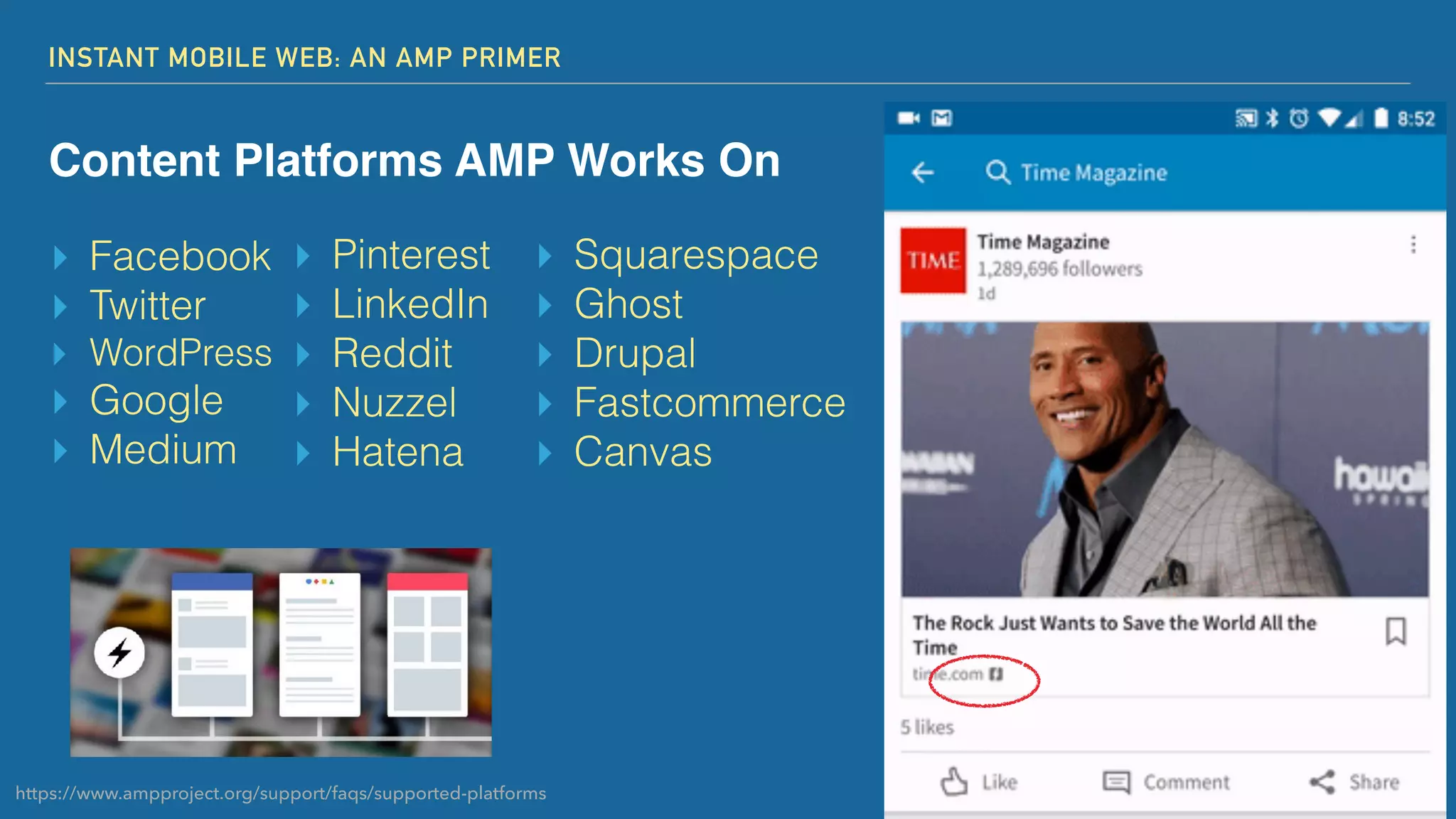 INSTANT MOBILE WEB: AN AMP PRIMER
Content Platforms AMP Works On
https://www.ampproject.org/support/faqs/supported-platforms
▸ Facebook
▸ Twitter
▸ WordPress
▸ Google
▸ Medium
▸ Pinterest
▸ LinkedIn
▸ Reddit
▸ Nuzzel
▸ Hatena
▸ Squarespace
▸ Ghost
▸ Drupal
▸ Fastcommerce
▸ Canvas
 