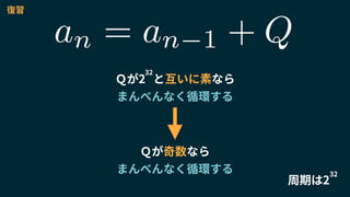 an = an 1 + Q
Ｑが奇数なら
まんべんなく循環する
復習
Ｑが2 と互いに素なら
まんべんなく循環する
32
周期は2
32
 