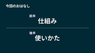 今回のおはなし
仕組み
使いかた
前半
後半
 