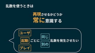 乱数を使うときは
常に意識する
再現させるかどうか
ごとに
ユーザ
起動 乱数を発生させたい
同じ
別の
プレイ
 