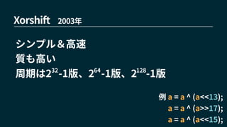 Xorshift 2003年
シンプル＆高速
質も高い
周期は2 -1版、2 -1版、2 -1版32 64 128
例 a = a ^ (a<<13);
　 a = a ^ (a>>17);
　 a = a ^ (a<<15);
 
