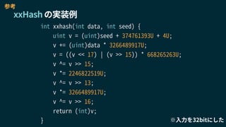 xxHash の実装例
※入力を32bitにした
int xxhash(int data, int seed) {
uint v = (uint)seed + 374761393U + 4U;
v += (uint)data * 3266489917U;
v = ((v << 17) | (v >> 15)) * 668265263U;
v ^= v >> 15;
v *= 2246822519U;
v ^= v >> 13;
v *= 3266489917U;
v ^= v >> 16;
return (int)v;
}
参考
 