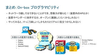 SiSi SiSi
SiSiSiSiSiSi SiSiSiSiSiSi SiSiSiSiSiSi
• ネットワーク越しではできないことができ、想像力が膨らむ！（装置内のAPIとか）
• 装置やベンダーに依存する分、オープンに議論しにくい（かもしれない）
• やってみると、けっこう楽しい（しかもわりとリアルに役立つかもしれない）
まとめ：On-box プログラマビリティ
外部からの監視や自動化
• Zabbix
• Python
• Ansible
• Netconf/YANG
• …
内部からの監視や自動化
Shell
Python
EEM
Shell
Python
EEM
• On-box Python
• コンテナ
• イベント -> アクション
• …
 
