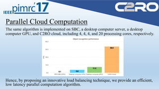 Parallel Cloud Computation
The same algorithm is implemented on SBC, a desktop computer server, a desktop
computer GPU, and C2RO cloud, including 4, 4, 4, and 20 processing cores, respectively.
Hence, by proposing an innovative load balancing technique, we provide an efficient,
low latency parallel computation algorithm.
 