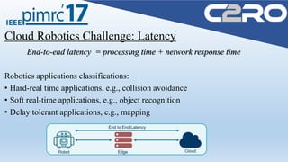 Cloud Robotics Challenge: Latency
End-to-end latency = processing time + network response time
Robotics applications classifications:
• Hard-real time applications, e.g., collision avoidance
• Soft real-time applications, e.g., object recognition
• Delay tolerant applications, e.g., mapping
 