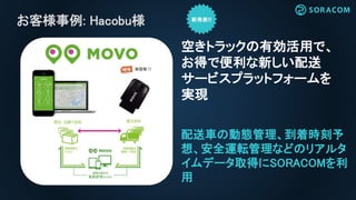 お客様事例: Hacobu様
配送車の動態管理、到着時刻予
想、安全運転管理などのリアルタ
イムデータ取得にSORACOMを利
用
空きトラックの有効活用で、
お得で便利な新しい配送
サービスプラットフォームを
実現
 