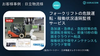 れ
お客様事例：日立物流様
急加速・急停止・急旋回等の危
険運転を検知し、前後15秒の動
画をクラウドへ転送
稼働状況や保守メンテナンスも
クラウド管理
フォークリフトの危険運
転・稼働状況遠隔監視
サービス
(協力パートナー：三井物産エレクトロニクス様)
イメージ写真
 