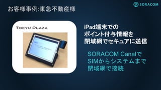 お客様事例:東急不動産様
SORACOM Canalで
SIMからシステムまで
閉域網で接続
iPad端末での
ポイント付与情報を
閉域網でセキュアに送信
 