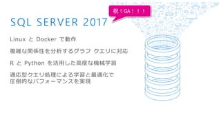 SQL SERVER 2017
Linux と Docker で動作
複雑な関係性を分析するグラフ クエリに対応
R と Python を活用した高度な機械学習
適応型クエリ処理による学習と最適化で
圧倒的なパフォーマンスを実現
 