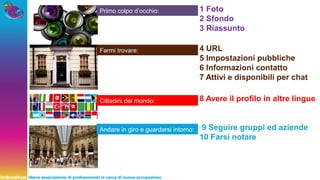 UnBreakFast libera associazione di professionisti in cerca di nuova occupazione
Primo colpo d’occhio:
Farmi trovare:
Cittadini del mondo:
1 Foto
2 Sfondo
3 Riassunto
4 URL
5 Impostazioni pubbliche
6 Informazioni contatto
7 Attivi e disponibili per chat
8 Avere il profilo in altre lingue
9 Seguire gruppi ed aziende
10 Farsi notare
Andare in giro e guardarsi intorno:
 