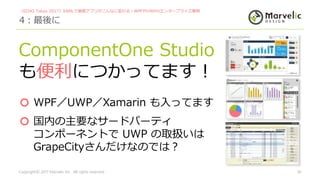 ［ECHO Tokyo 2017］XAMLで業務アプリがこんなに変わる！WPFやUWPのエンタープライズ事例
4：最後に
Copyrightⓒ 2017 Marvelic Inc. All rights reserved. 36
ComponentOne Studio
も便利につかってます！
WPF／UWP／Xamarin も入ってます
国内の主要なサードパーティ
コンポーネントで UWP の取扱いは
GrapeCityさんだけなのでは？
 
