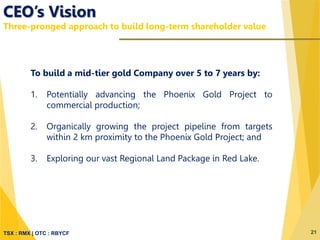 TSX : RMX | OTC : RBYCF
CEO’s Vision
Three-pronged approach to build long-term shareholder value
21
To build a mid-tier gold Company over 5 to 7 years by:
1. Potentially advancing the Phoenix Gold Project to
commercial production;
2. Organically growing the project pipeline from targets
within 2 km proximity to the Phoenix Gold Project; and
3. Exploring our vast Regional Land Package in Red Lake.
 
