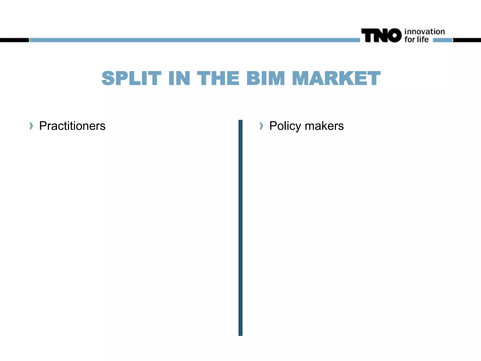 SPLIT IN THE BIM MARKET
Policy makersPractitioners
 