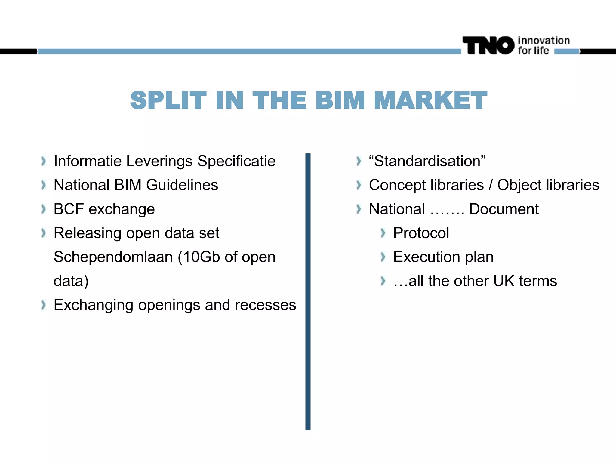 SPLIT IN THE BIM MARKET
“Standardisation”
Concept libraries / Object libraries
National ……. Document
Protocol
Execution plan
…all the other UK terms
Informatie Leverings Specificatie
National BIM Guidelines
BCF exchange
Releasing open data set
Schependomlaan (10Gb of open
data)
Exchanging openings and recesses
 