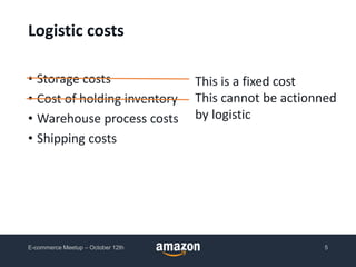 Logistic costs
• Storage costs
• Cost of holding inventory
• Warehouse process costs
• Shipping costs
E-commerce Meetup – October 12th 5
This is a fixed cost
This cannot be actionned
by logistic
 
