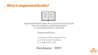 What is Augmented Reality?
Augmented Reality allows the user to see the real world,
with virtual objects superimposed upon
or composited with the real world.
Ron Azuma - 1997
Augmented Reality…
1. Combines the real and virtual
2. Is interactive in real time
3. Is registered in 3D
 