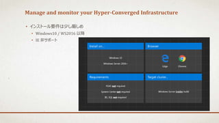 Manage and monitor your Hyper-Converged Infrastructure
• インストール要件は少し厳しめ
• Windows10 / WS2016 以降
• IE 非サポート
 