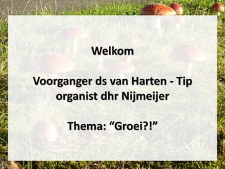 Welkom
Voorganger ds van Harten - Tip
organist dhr Nijmeijer
Thema: “Groei?!”
 