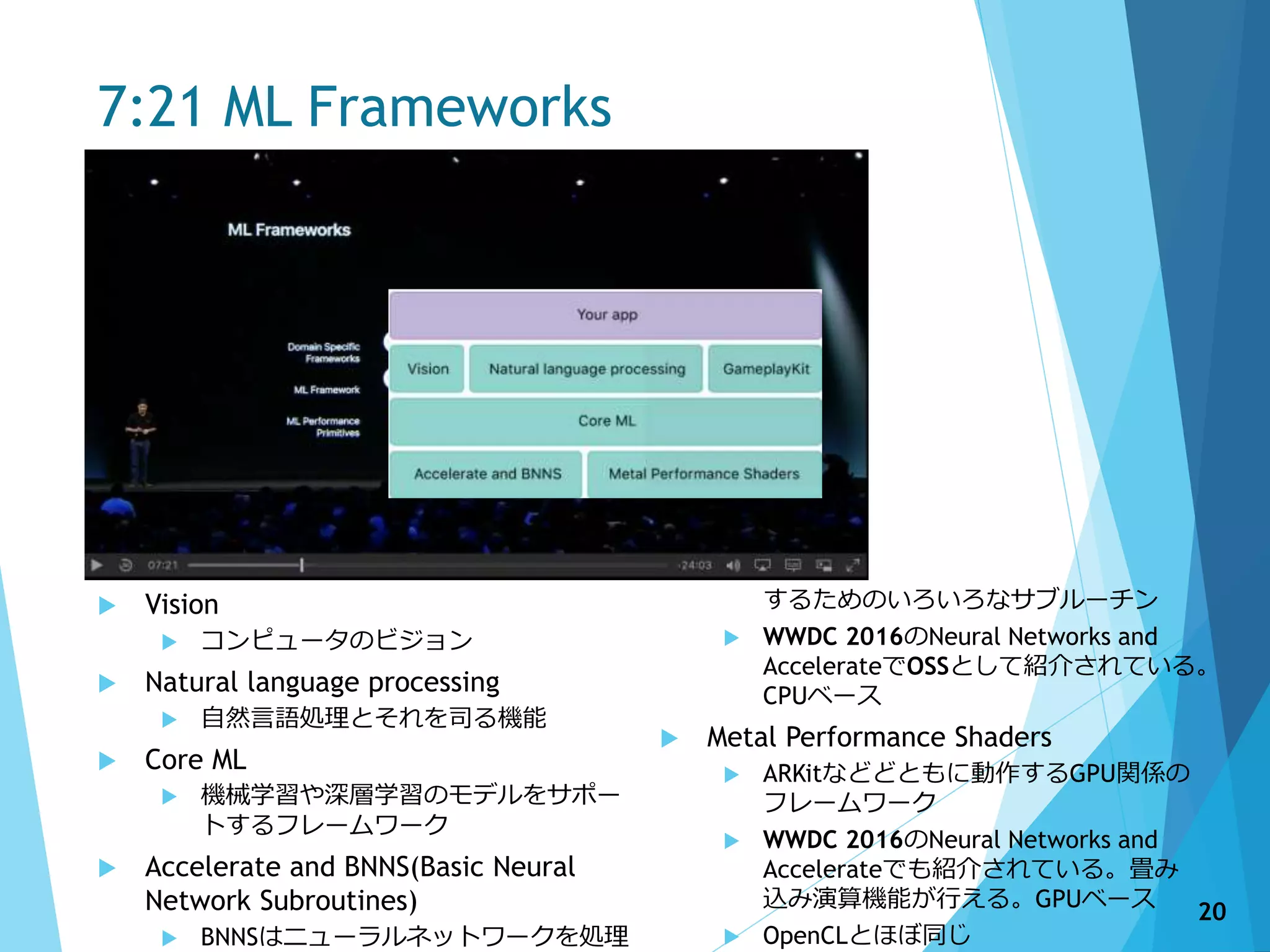 7:21 ML Frameworks
 Vision
 コンピュータのビジョン
 Natural language processing
 自然言語処理とそれを司る機能
 Core ML
 機械学習や深層学習のモデルをサポー
トするフレームワーク
 Accelerate and BNNS(Basic Neural
Network Subroutines)
 BNNSはニューラルネットワークを処理
するためのいろいろなサブルーチン
 WWDC 2016のNeural Networks and
AccelerateでOSSとして紹介されている。
CPUベース
 Metal Performance Shaders
 ARKitなどどともに動作するGPU関係の
フレームワーク
 WWDC 2016のNeural Networks and
Accelerateでも紹介されている。畳み
込み演算機能が行える。GPUベース
 OpenCLとほぼ同じ
20
 