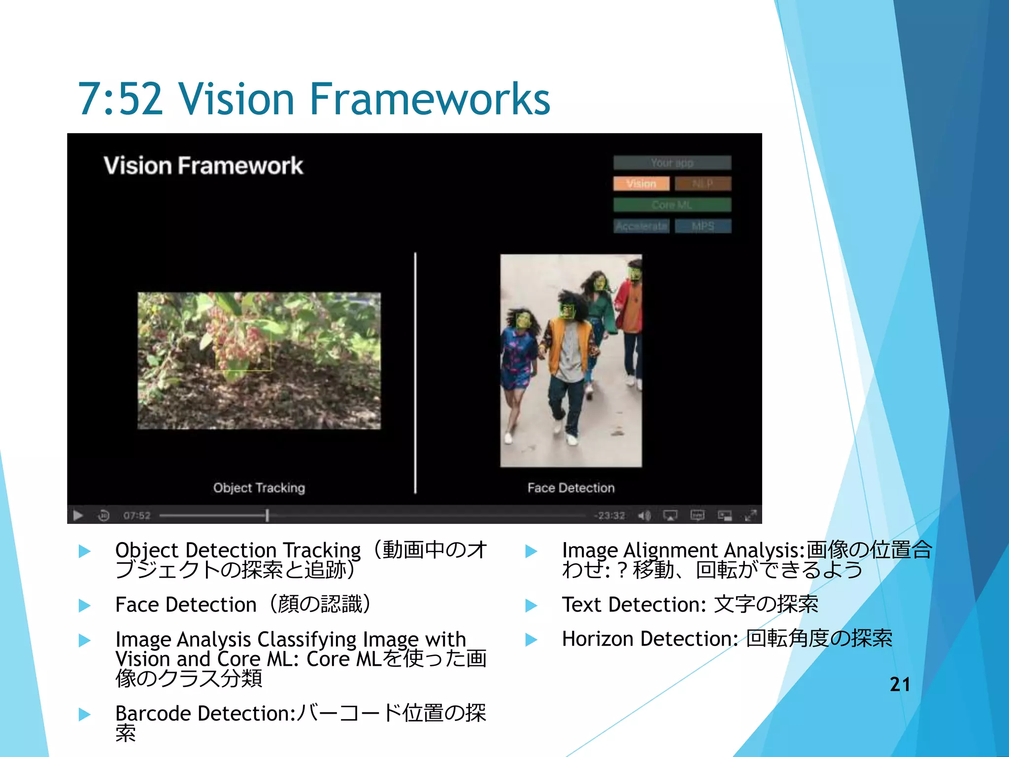 7:52 Vision Frameworks
 Object Detection Tracking（動画中のオ
ブジェクトの探索と追跡）
 Face Detection（顔の認識）
 Image Analysis Classifying Image with
Vision and Core ML: Core MLを使った画
像のクラス分類
 Barcode Detection:バーコード位置の探
索
 Image Alignment Analysis:画像の位置合
わせ:？移動、回転ができるよう
 Text Detection: 文字の探索
 Horizon Detection: 回転角度の探索
21
 