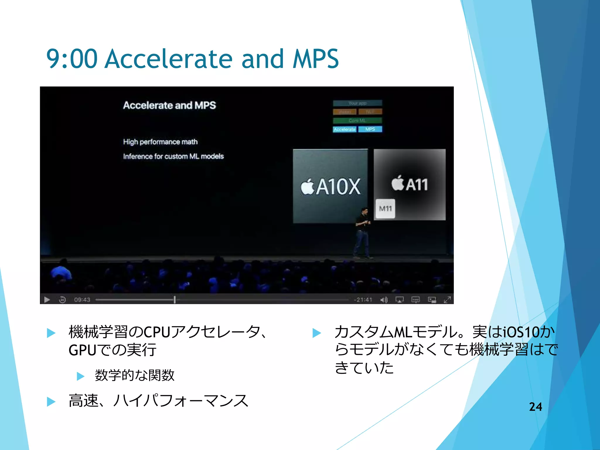 9:00 Accelerate and MPS
 機械学習のCPUアクセレータ、
GPUでの実行
 数学的な関数
 高速、ハイパフォーマンス
 カスタムMLモデル。実はiOS10か
らモデルがなくても機械学習はで
きていた
24
 
