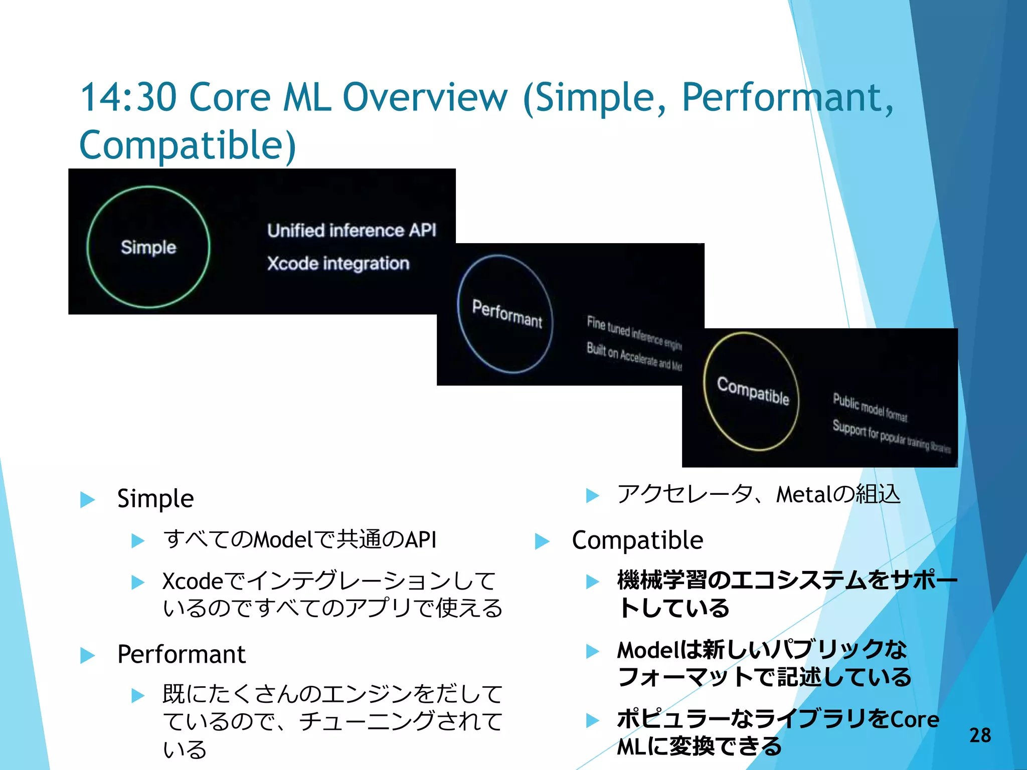 14:30 Core ML Overview (Simple, Performant,
Compatible)
 Simple
 すべてのModelで共通のAPI
 Xcodeでインテグレーションして
いるのですべてのアプリで使える
 Performant
 既にたくさんのエンジンをだして
ているので、チューニングされて
いる
 アクセレータ、Metalの組込
 Compatible
 機械学習のエコシステムをサポー
トしている
 Modelは新しいパブリックな
フォーマットで記述している
 ポピュラーなライブラリをCore
MLに変換できる
28
 