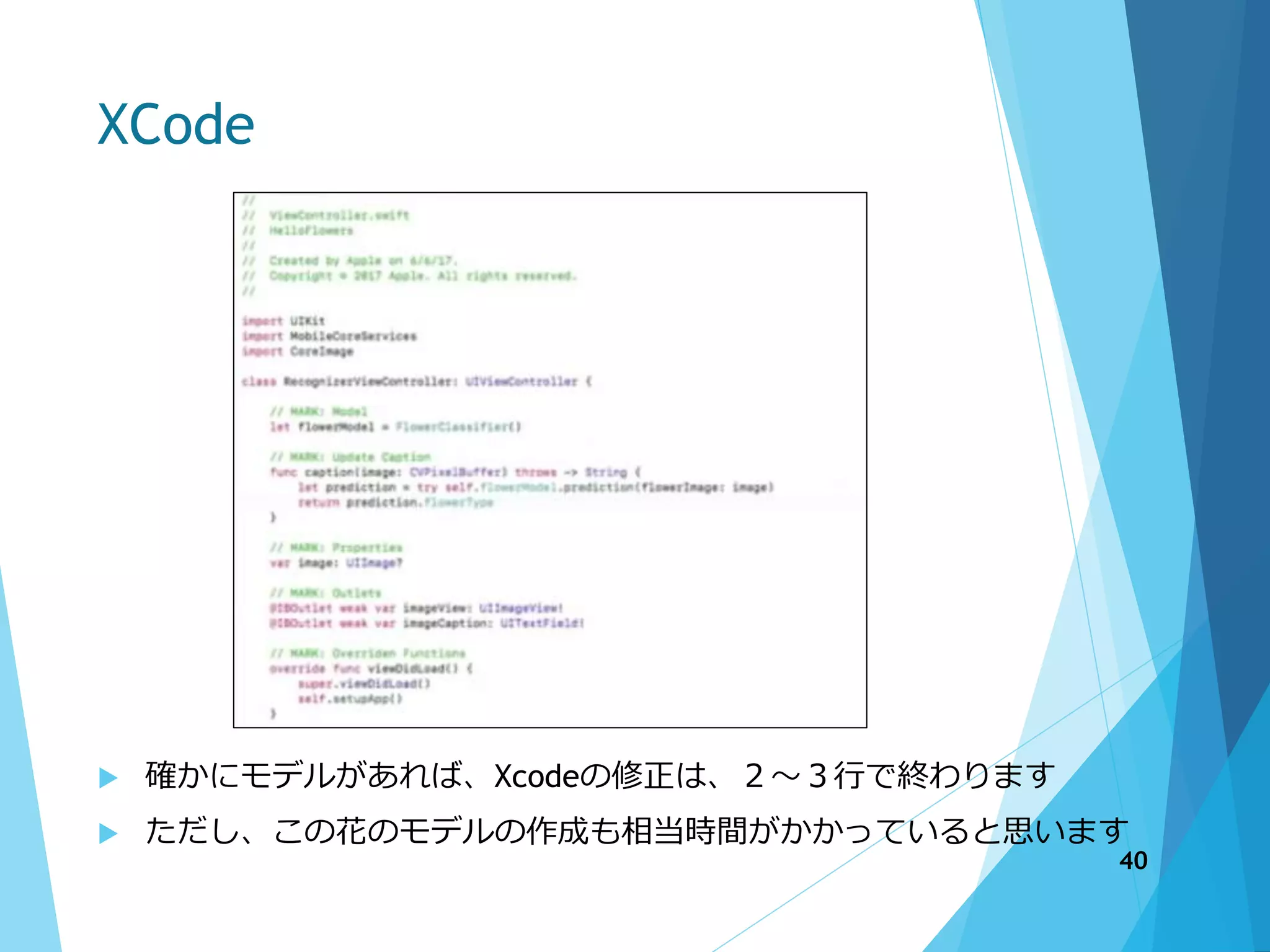 XCode
 確かにモデルがあれば、Xcodeの修正は、２～３行で終わります
 ただし、この花のモデルの作成も相当時間がかかっていると思います
40
 