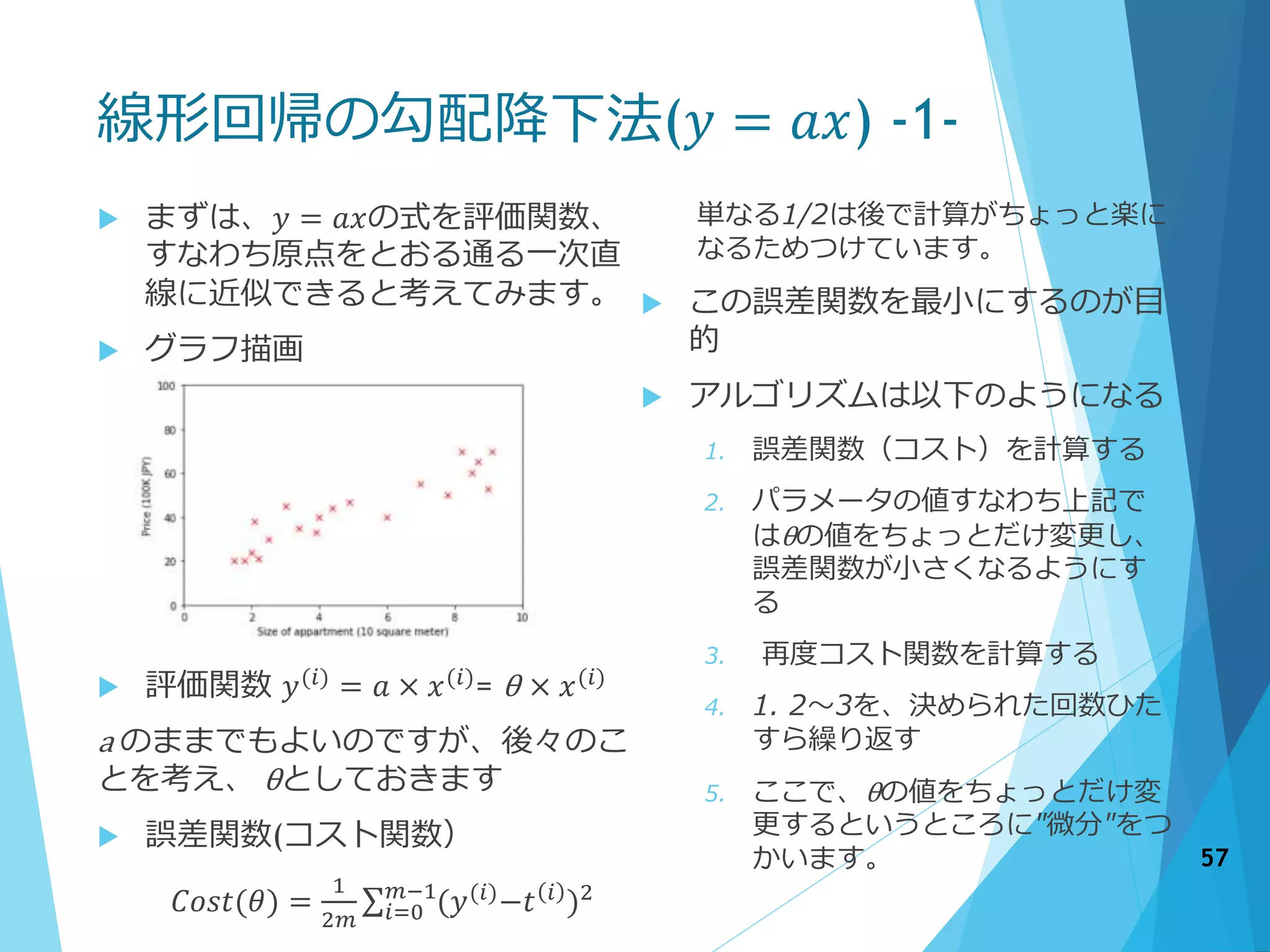 線形回帰の勾配降下法(𝑦 = 𝑎𝑥) -1-
 まずは、𝑦 = 𝑎𝑥の式を評価関数、
すなわち原点をとおる通る一次直
線に近似できると考えてみます。
 グラフ描画
 評価関数 𝑦(𝑖)
= 𝑎 × 𝑥(𝑖)
= θ × 𝑥(𝑖)
a のままでもよいのですが、後々のこ
とを考え、 θとしておきます
 誤差関数(コスト関数）
𝐶𝑜𝑠𝑡(𝜃) =
1
2𝑚 𝑖=0
𝑚−1
(𝑦(𝑖)
−𝑡 𝑖
)2
単なる1/2は後で計算がちょっと楽に
なるためつけています。
 この誤差関数を最小にするのが目
的
 アルゴリズムは以下のようになる
1. 誤差関数（コスト）を計算する
2. パラメータの値すなわち上記で
はθの値をちょっとだけ変更し、
誤差関数が小さくなるようにす
る
3. 再度コスト関数を計算する
4. 1. 2～3を、決められた回数ひた
すら繰り返す
5. ここで、θの値をちょっとだけ変
更するというところに"微分"をつ
かいます。 57
 