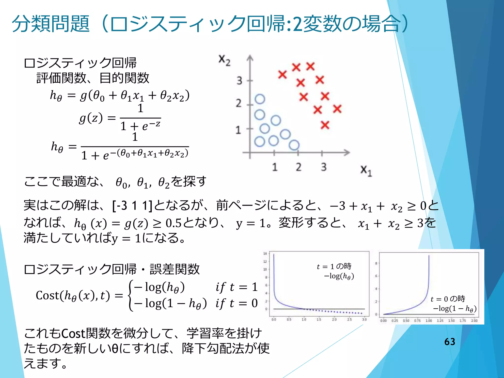 分類問題（ロジスティック回帰:2変数の場合）
ロジスティック回帰
評価関数、目的関数
ℎ 𝜃 = 𝑔 𝜃0 + 𝜃1 𝑥1 + 𝜃2 𝑥2
𝑔 𝑧 =
1
1 + 𝑒−𝑧
ℎ 𝜃 =
1
1 + 𝑒− 𝜃0+𝜃1 𝑥1+𝜃2 𝑥2
ここで最適な、 𝜃0, 𝜃1, 𝜃2を探す
実はこの解は、[-3 1 1]となるが、前ページによると、−3 + 𝑥1 + 𝑥2 ≥ 0と
なれば、ℎθ (𝑥) = 𝑔(𝑧) ≥ 0.5となり、 y = 1。変形すると、 𝑥1 + 𝑥2 ≥ 3を
満たしていればy = 1になる。
ロジスティック回帰・誤差関数
Cost(ℎ 𝜃 𝑥 , 𝑡) =
− log ℎ 𝜃 𝑖𝑓 𝑡 = 1
− log 1 − ℎ 𝜃 𝑖𝑓 𝑡 = 0
これもCost関数を微分して、学習率を掛け
たものを新しいθにすれば、降下勾配法が使
えます。
𝑡 = 1 の時
−log(ℎ 𝜃)
𝑡 = 0 の時
−log(1 − ℎ 𝜃)
63
 
