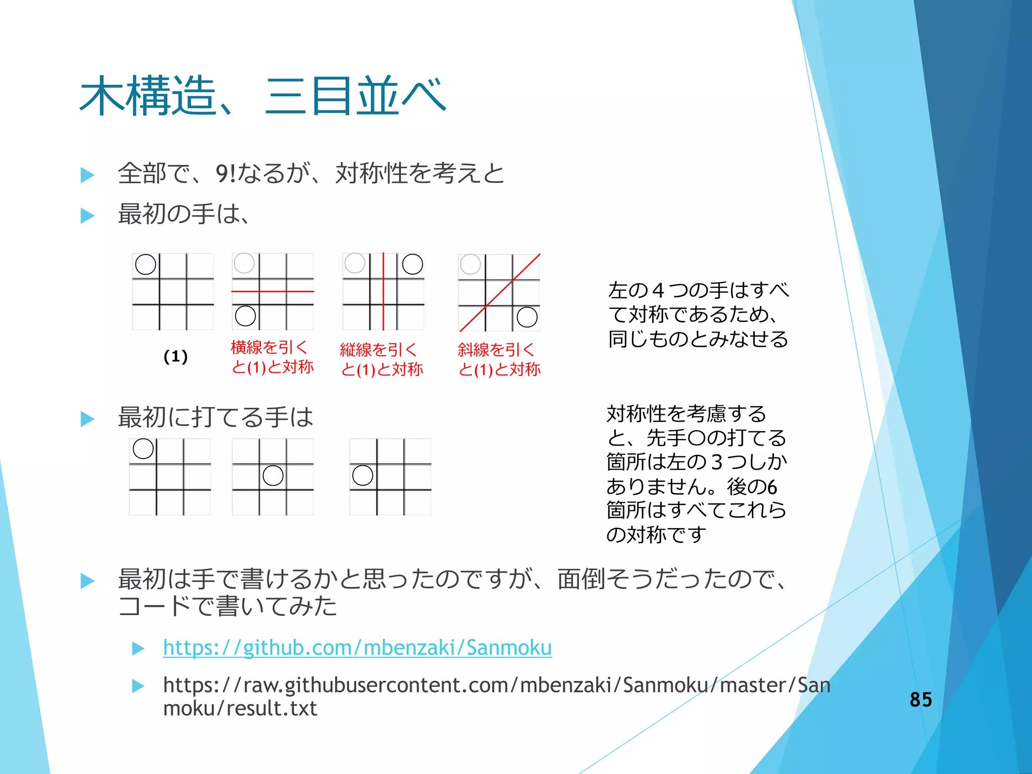 木構造、三目並べ
 全部で、9!なるが、対称性を考えと
 最初の手は、
 最初に打てる手は
 最初は手で書けるかと思ったのですが、面倒そうだったので、
コードで書いてみた
 https://github.com/mbenzaki/Sanmoku
 https://raw.githubusercontent.com/mbenzaki/Sanmoku/master/San
moku/result.txt 85
(1)
○ ○○
横線を引く
と(1)と対称
○
○ ○
○
縦線を引く
と(1)と対称
斜線を引く
と(1)と対称
左の４つの手はすべ
て対称であるため、
同じものとみなせる
○
○ ○
対称性を考慮する
と、先手〇の打てる
箇所は左の３つしか
ありません。後の6
箇所はすべてこれら
の対称です
 
