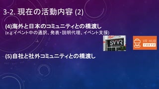 3-2.	現在の活動内容 (2)
(4)海外と日本のコミュニティとの橋渡し
(e.g イベント中の通訳、発表・説明代理、イベント支援)
(5)自社と社外コミュニティとの橋渡し
 