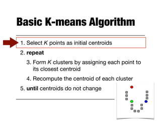 Basic K-means Algorithm
1. Select K points as initial centroids

2. repeat

3. Form K clusters by assigning each point to
its closest centroid

4. Recompute the centroid of each cluster

5. until centroids do not change
 