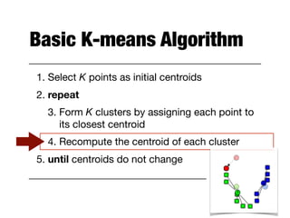 Basic K-means Algorithm
1. Select K points as initial centroids

2. repeat

3. Form K clusters by assigning each point to
its closest centroid

4. Recompute the centroid of each cluster

5. until centroids do not change
 