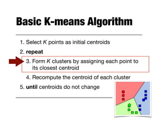 Basic K-means Algorithm
1. Select K points as initial centroids

2. repeat

3. Form K clusters by assigning each point to
its closest centroid

4. Recompute the centroid of each cluster

5. until centroids do not change
 