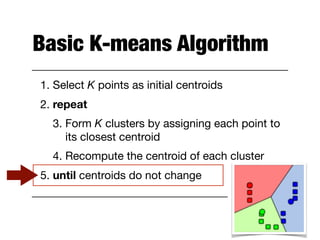 Basic K-means Algorithm
1. Select K points as initial centroids

2. repeat

3. Form K clusters by assigning each point to
its closest centroid

4. Recompute the centroid of each cluster

5. until centroids do not change
 