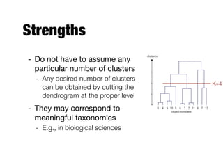 Strengths
- Do not have to assume any
particular number of clusters

- Any desired number of clusters
can be obtained by cutting the
dendrogram at the proper level
- They may correspond to
meaningful taxonomies

- E.g., in biological sciences
K=4
 