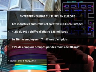 ENTREPRENEURIAT CULTUREL EN EUROPE
Les industries culturelles et créatives (ICC) en Europe:
• 4,2% du PIB : chiffre d’affaire 535 milliards
• Le 3ième employeur : 7 millions d’emplois
• 19% des emplois occupés par des moins de 30 ans*
* Source = Ernst & Young, 2014
 