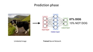 Unlabeled image Trained Neural Network
Prediction phase
87% DOG
13% NOT DOG
 