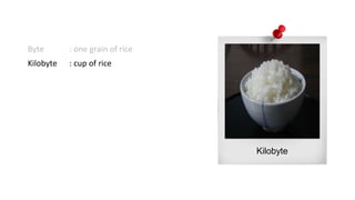 Kilobyte
Byte : one grain of rice
Kilobyte : cup of rice
 