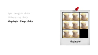 Megabyte
Byte : one grain of rice
Kilobyte : cup of rice
Megabyte : 8 bags of rice
 