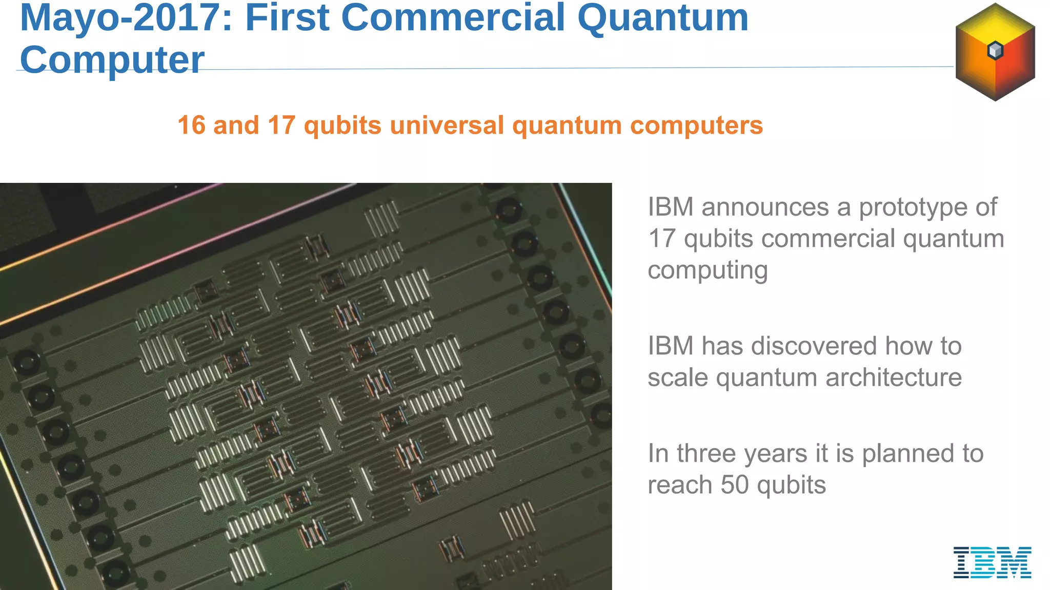 Mayo-2017: First Commercial Quantum
Computer
16 and 17 qubits universal quantum computers
IBM announces a prototype of
17 qubits commercial quantum
computing
IBM has discovered how to
scale quantum architecture
In three years it is planned to
reach 50 qubits
 