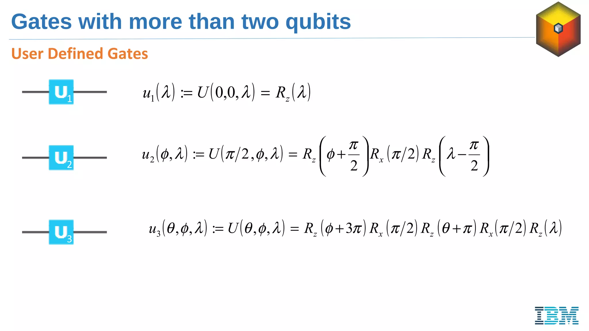 User Defined Gates
Gates with more than two qubits
( ) ( ) ( )λλλ zRUu == ,0,0:11
2
3
( ) ( ) ( ) 





−





+==
2
2
2
,,2:,2
π
λπ
π
φλφπλφ zxz RRRUu
( ) ( ) ( ) ( ) ( ) ( ) ( )λππθππφλφθλφθ zxzxz RRRRRUu 223,,:,,3 ++==
 